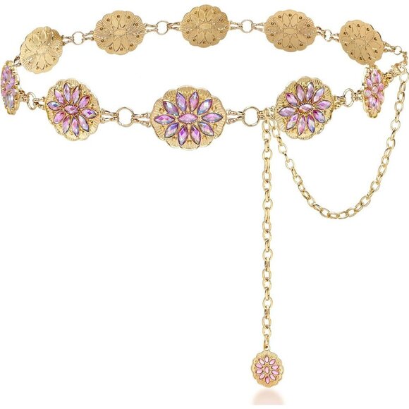 Rhinestone Concho Belt Gold Metal Western Pink Chain Waist Jewelry for Women main image 6